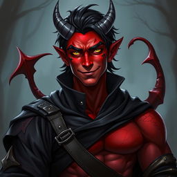 A male tiefling warlock character depicted in a relaxed and cocky stance, sporting a confident smirk