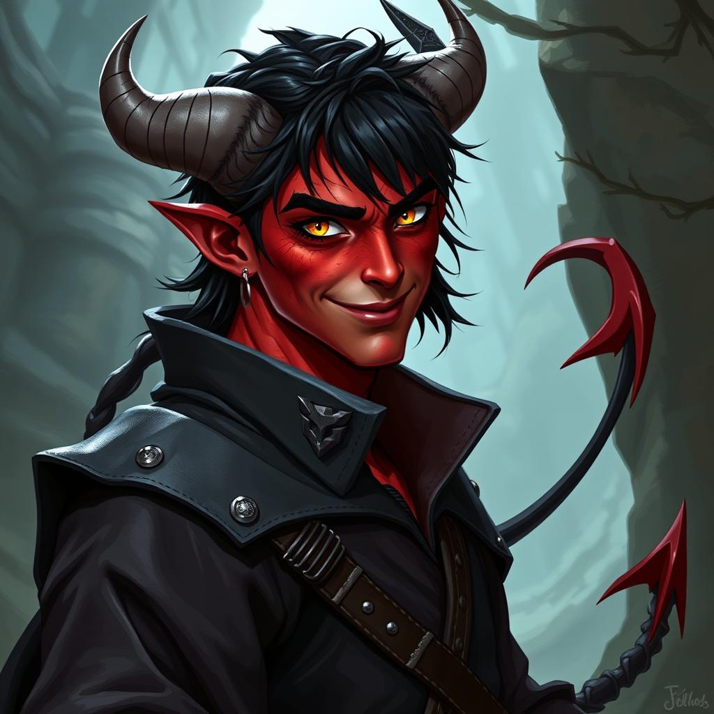 A male tiefling warlock character depicted in a relaxed and cocky stance, sporting a confident smirk