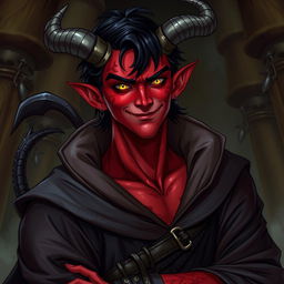 A male tiefling warlock character depicted in a relaxed and cocky stance, sporting a confident smirk