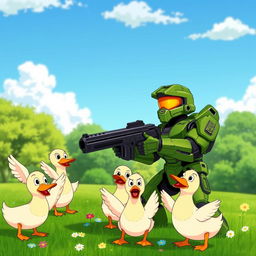 Master Chief in his iconic green armor, humorously aiming and firing his weapon at a group of playful cartoon ducks in a lush green park
