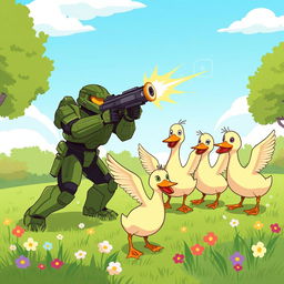 Master Chief in his iconic green armor, humorously aiming and firing his weapon at a group of playful cartoon ducks in a lush green park