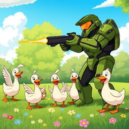 Master Chief in his iconic green armor, humorously aiming and firing his weapon at a group of playful cartoon ducks in a lush green park