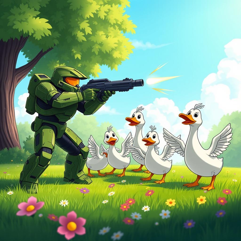 Master Chief in his iconic green armor, humorously aiming and firing his weapon at a group of playful cartoon ducks in a lush green park