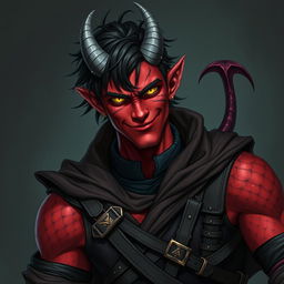 A male tiefling warlock character captured in a relaxed, cocky stance with a smirk that conveys confidence and charm