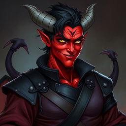 A male tiefling warlock character captured in a relaxed, cocky stance with a smirk that conveys confidence and charm