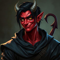 A male tiefling warlock character captured in a relaxed, cocky stance with a smirk that conveys confidence and charm