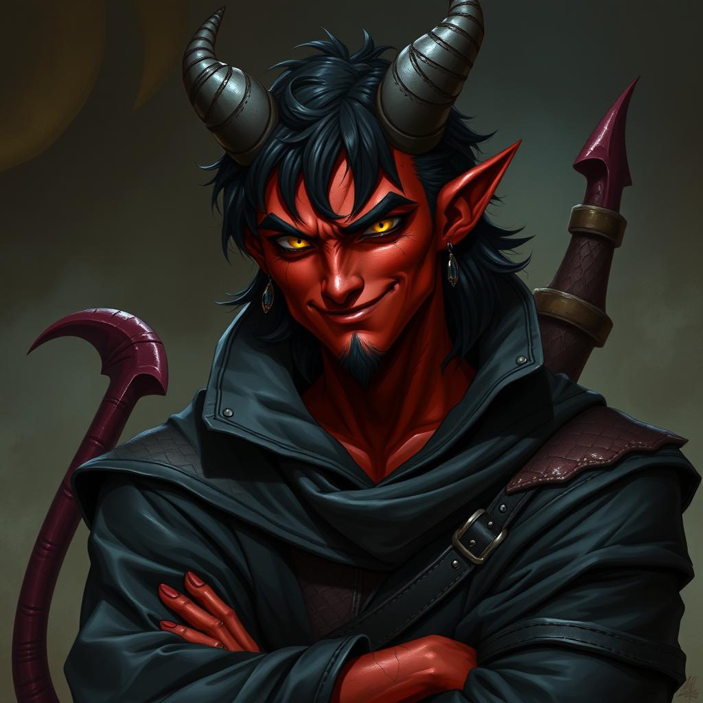 A male tiefling warlock character captured in a relaxed, cocky stance with a smirk that conveys confidence and charm