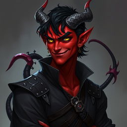A male tiefling warlock character, depicted in a relaxed and cocky stance with an alluring smirk on his face