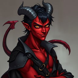A male tiefling warlock character, depicted in a relaxed and cocky stance with an alluring smirk on his face