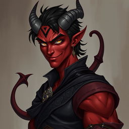 A male tiefling warlock character, depicted in a relaxed and cocky stance with an alluring smirk on his face