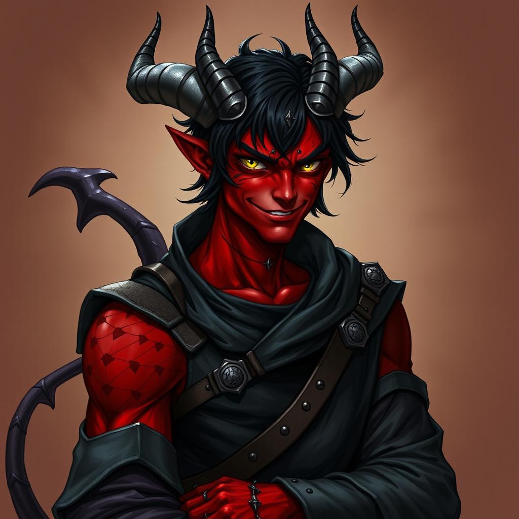 A male tiefling warlock character, depicted in a relaxed and cocky stance with an alluring smirk on his face