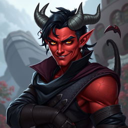 A male tiefling warlock character striking a relaxed, cocky pose with a confident smirk on his face
