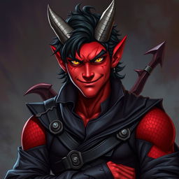 A male tiefling warlock character striking a relaxed, cocky pose with a confident smirk on his face