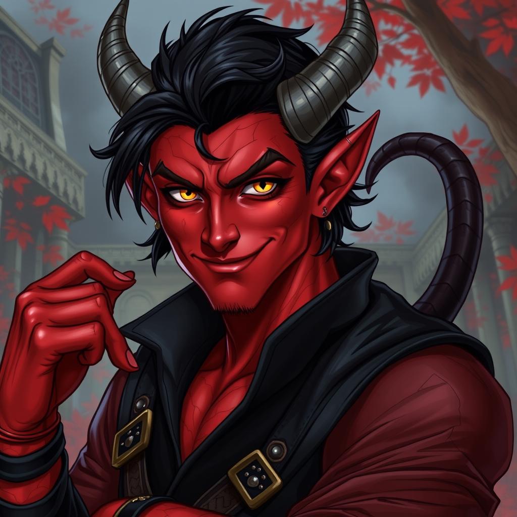 A male tiefling warlock character striking a relaxed, cocky pose with a confident smirk on his face