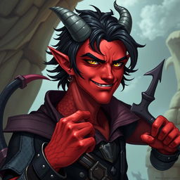 A male tiefling warlock character striking a relaxed, cocky pose with a confident smirk on his face