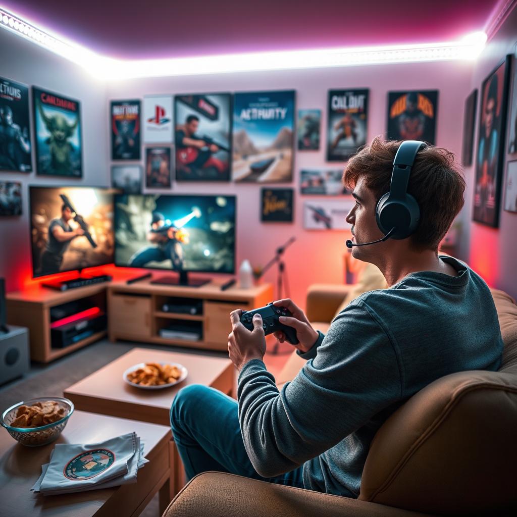 A visually striking scene depicting a person in a cozy living room, passionately playing video games on a PlayStation console