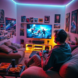 A visually striking scene depicting a person in a cozy living room, passionately playing video games on a PlayStation console