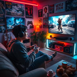 A visually striking scene depicting a person in a cozy living room, passionately playing video games on a PlayStation console