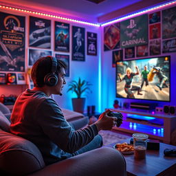 A visually striking scene depicting a person in a cozy living room, passionately playing video games on a PlayStation console