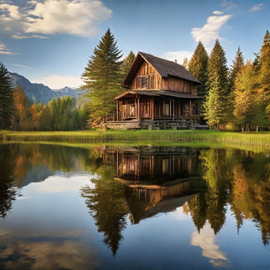 A charming rustic house gracefully reflected on a placid, glassy lake.