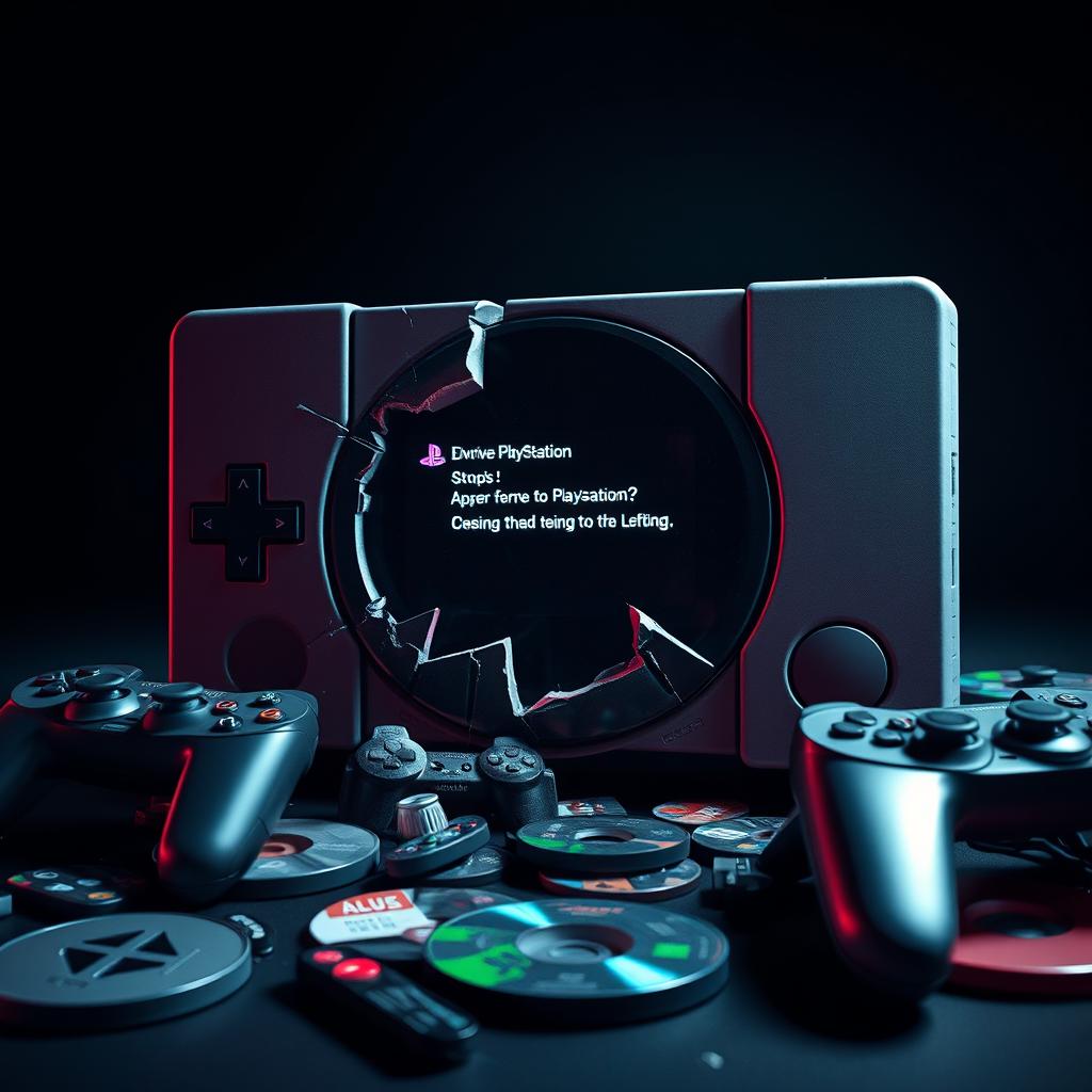 A bold, artistic statement depicting a broken PlayStation console with cracks, gears spilling out, and a glitchy screen displaying error messages