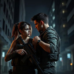 A realistic dark romance scene featuring a female army officer and a male officer on a covert mission, both looking intense and focused