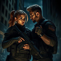 A realistic dark romance scene featuring a female army officer and a male officer on a covert mission, both looking intense and focused