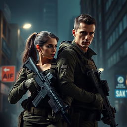 A realistic dark romance scene featuring a female army officer and a male officer on a covert mission, both looking intense and focused