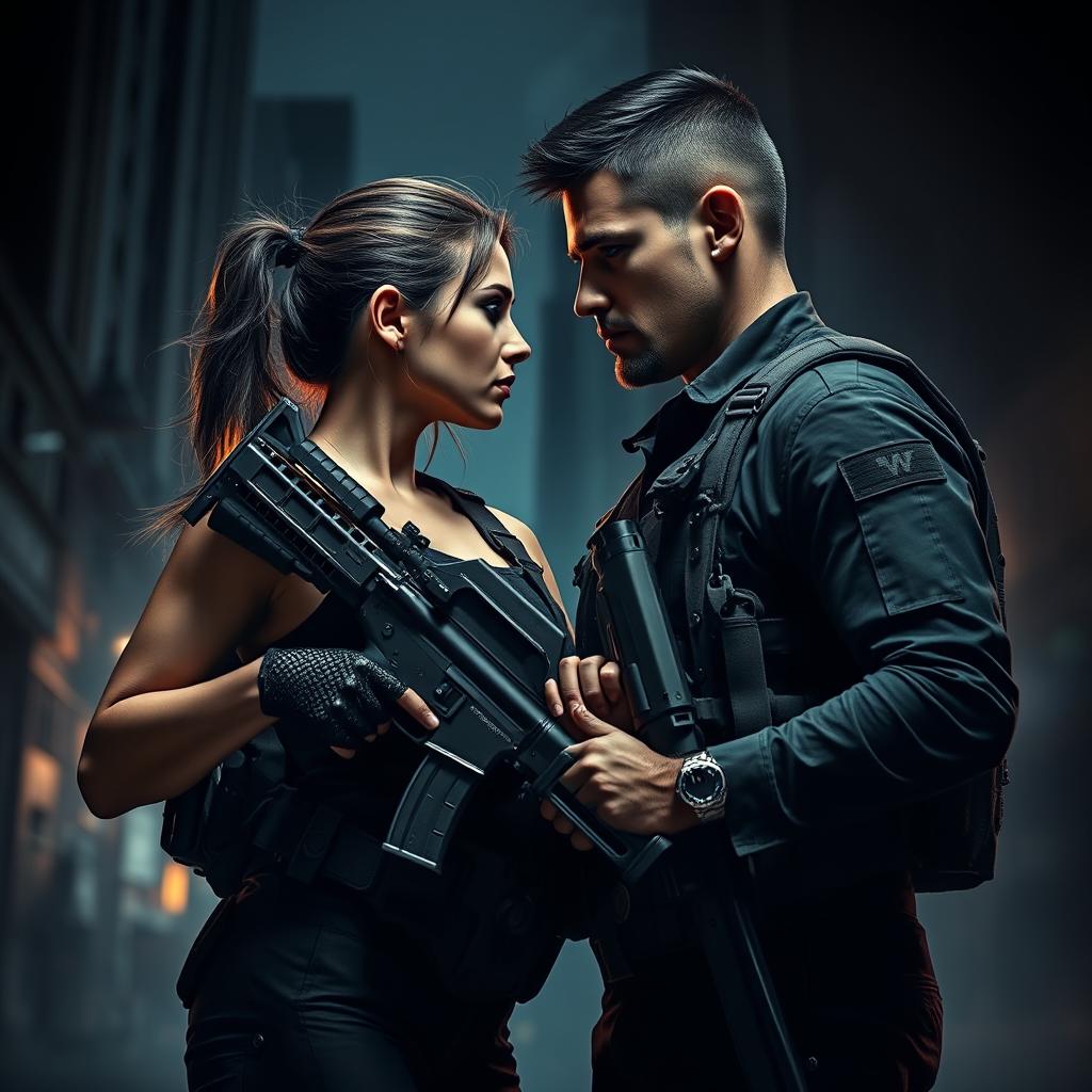 A realistic dark romance scene featuring a female army officer and a male officer on a covert mission, both looking intense and focused