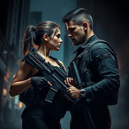 A realistic dark romance scene featuring a female army officer and a male officer on a covert mission, both looking intense and focused