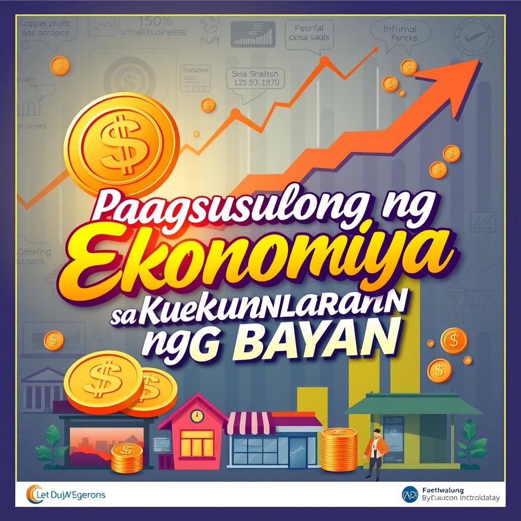 A vibrant poster theme titled 'Pagsususlong ng Ekonomiya para sa Kaunlaran ng Bayan' showcasing the elements of economic growth