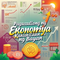A vibrant poster theme titled 'Pagsususlong ng Ekonomiya para sa Kaunlaran ng Bayan' showcasing the elements of economic growth