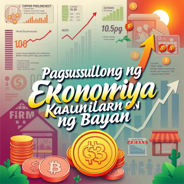 A vibrant poster theme titled 'Pagsususlong ng Ekonomiya para sa Kaunlaran ng Bayan' showcasing the elements of economic growth