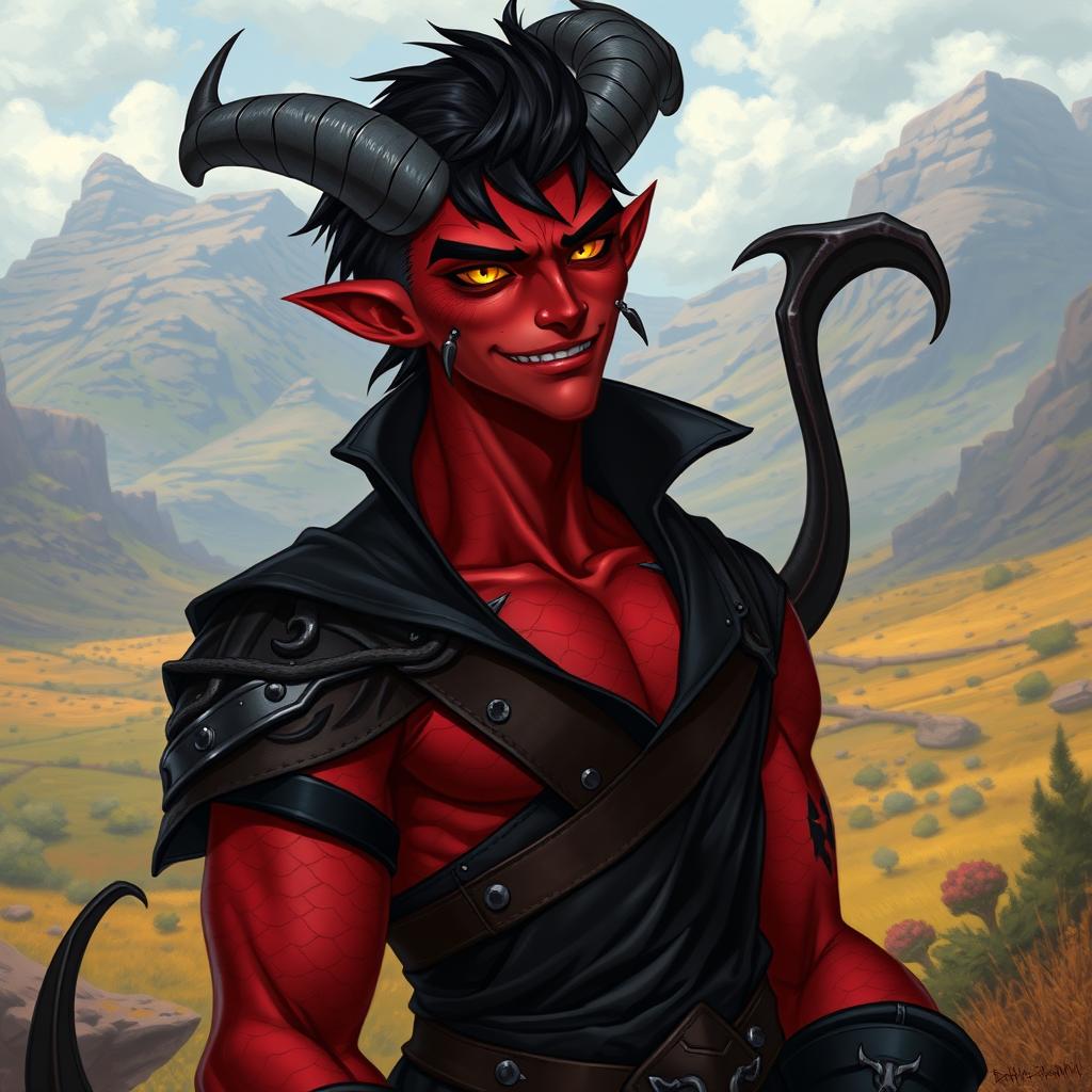 A male tiefling warlock character in a relaxed, cocky stance, showcasing a confident smirk