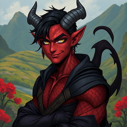 A male tiefling warlock character in a relaxed, cocky stance, showcasing a confident smirk