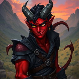 A male tiefling warlock character in a relaxed, cocky stance, showcasing a confident smirk