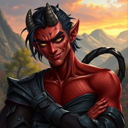 A male tiefling warlock character in a relaxed, cocky stance, showcasing a confident smirk