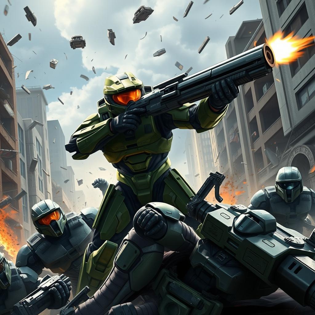 Master Chief in an intense action scene, skillfully defeating multiple Spartans in a futuristic urban battlefield