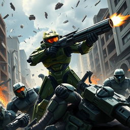 Master Chief in an intense action scene, skillfully defeating multiple Spartans in a futuristic urban battlefield