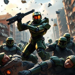 Master Chief in an intense action scene, skillfully defeating multiple Spartans in a futuristic urban battlefield