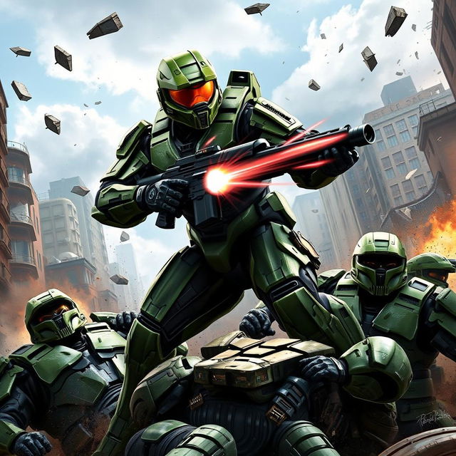 Master Chief in an intense action scene, skillfully defeating multiple Spartans in a futuristic urban battlefield