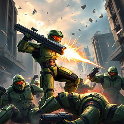 Master Chief in an intense action scene, skillfully defeating multiple Spartans in a futuristic urban battlefield