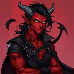 A male tiefling warlock character in a relaxed, cocky stance, exuding confidence with a playful smirk