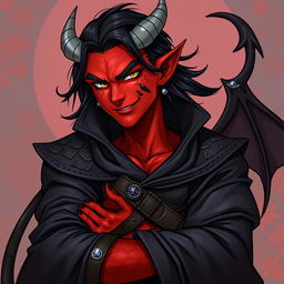 A male tiefling warlock character in a relaxed, cocky stance, exuding confidence with a playful smirk