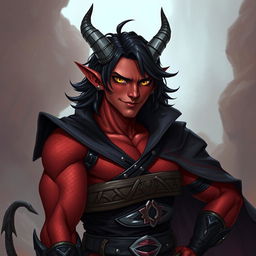 A male tiefling warlock character in a relaxed, cocky stance, exuding confidence with a playful smirk