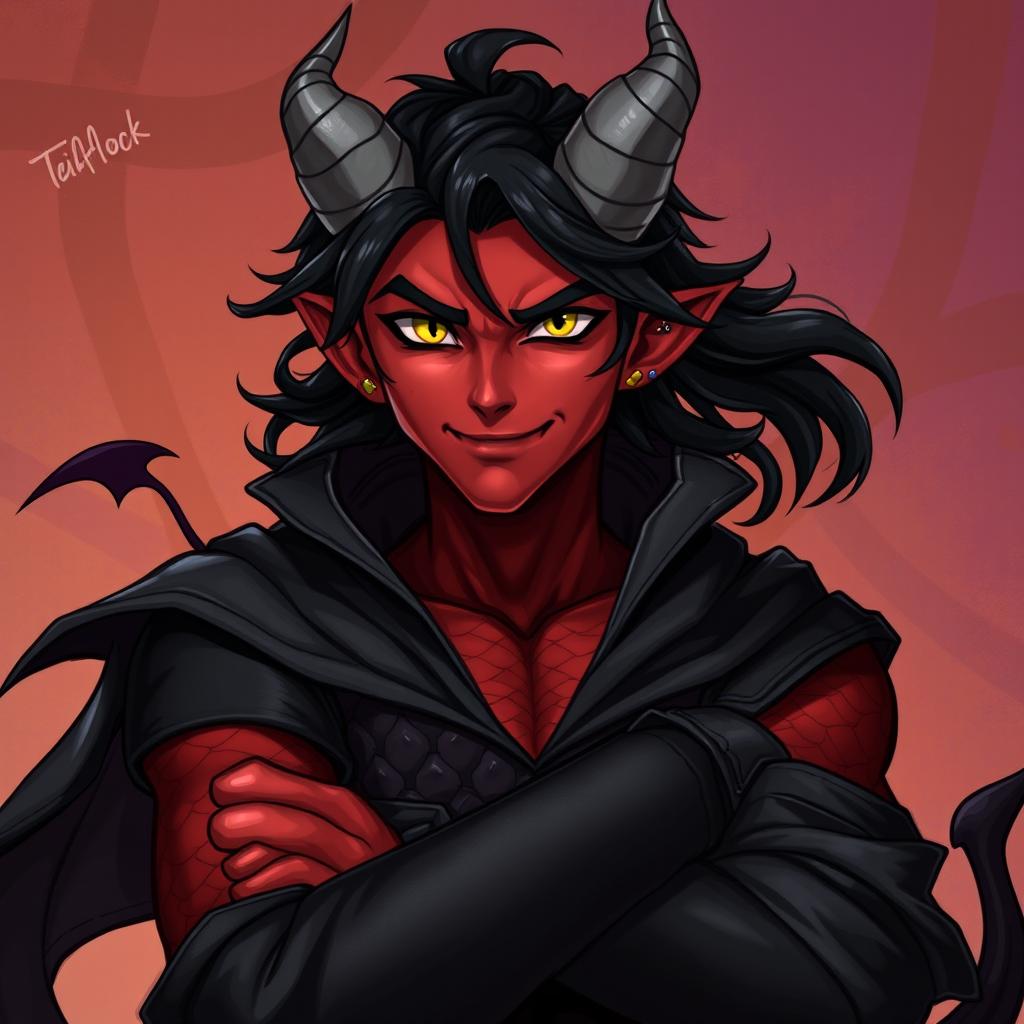 A male tiefling warlock character in a relaxed, cocky stance, exuding confidence with a playful smirk