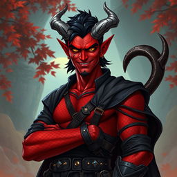 A male adult tiefling warlock character depicted in a relaxed, cocky stance, confidently smirking