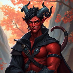 A male adult tiefling warlock character depicted in a relaxed, cocky stance, confidently smirking