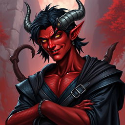 A male adult tiefling warlock character depicted in a relaxed, cocky stance, confidently smirking