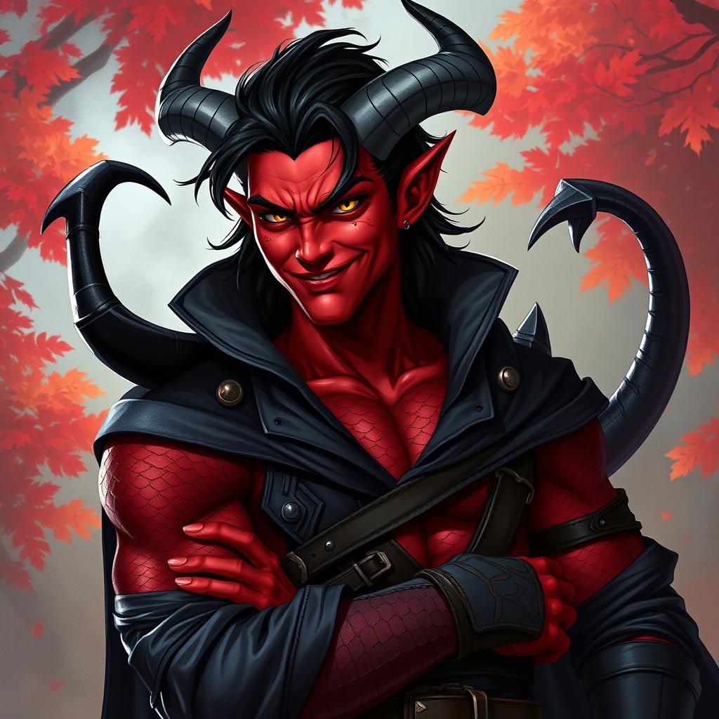 A male adult tiefling warlock character depicted in a relaxed, cocky stance, confidently smirking